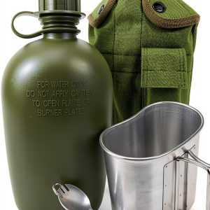 BeGrit Military Canteen Army Canteen WWII US G.I. Style Canteen Kit with Aluminum Cup Stainless Steel Foldable Spoon Fork for Hiking Backpacking Camping, 1 Quart Green-0