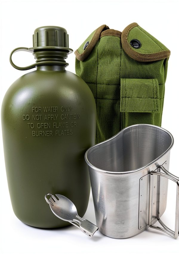 BeGrit Military Canteen Army Canteen WWII US G.I. Style Canteen Kit with Aluminum Cup Stainless Steel Foldable Spoon Fork for Hiking Backpacking Camping, 1 Quart Green-0