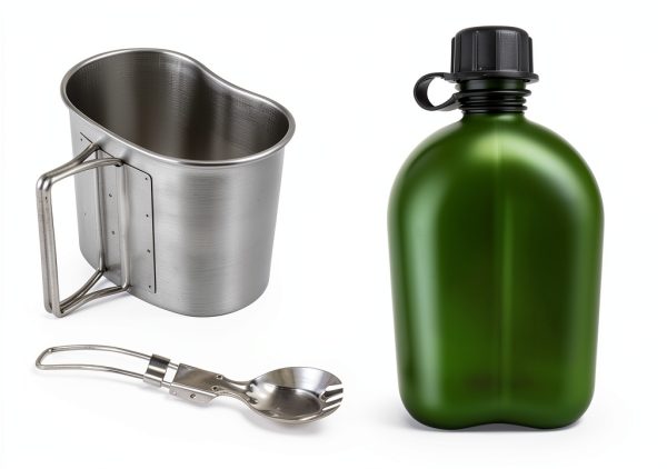 BeGrit Military Canteen Army Canteen WWII US G.I. Style Canteen Kit with Aluminum Cup Stainless Steel Foldable Spoon Fork for Hiking Backpacking Camping, 1 Quart Green-1